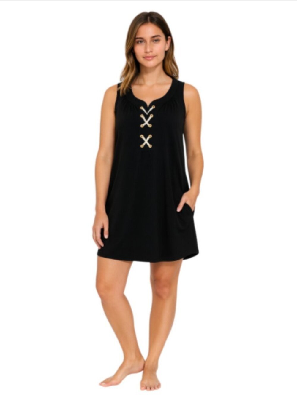 Saint Tropez West Medium Black Sundress White Nautical Tie Deep Pockets Cover-up